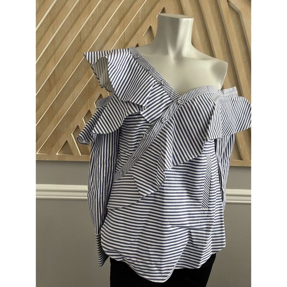 SELF-PORTRAIT Striped Off Shoulder Asymmetric Frill Shirt - Size 2 - Picture 7 of 12